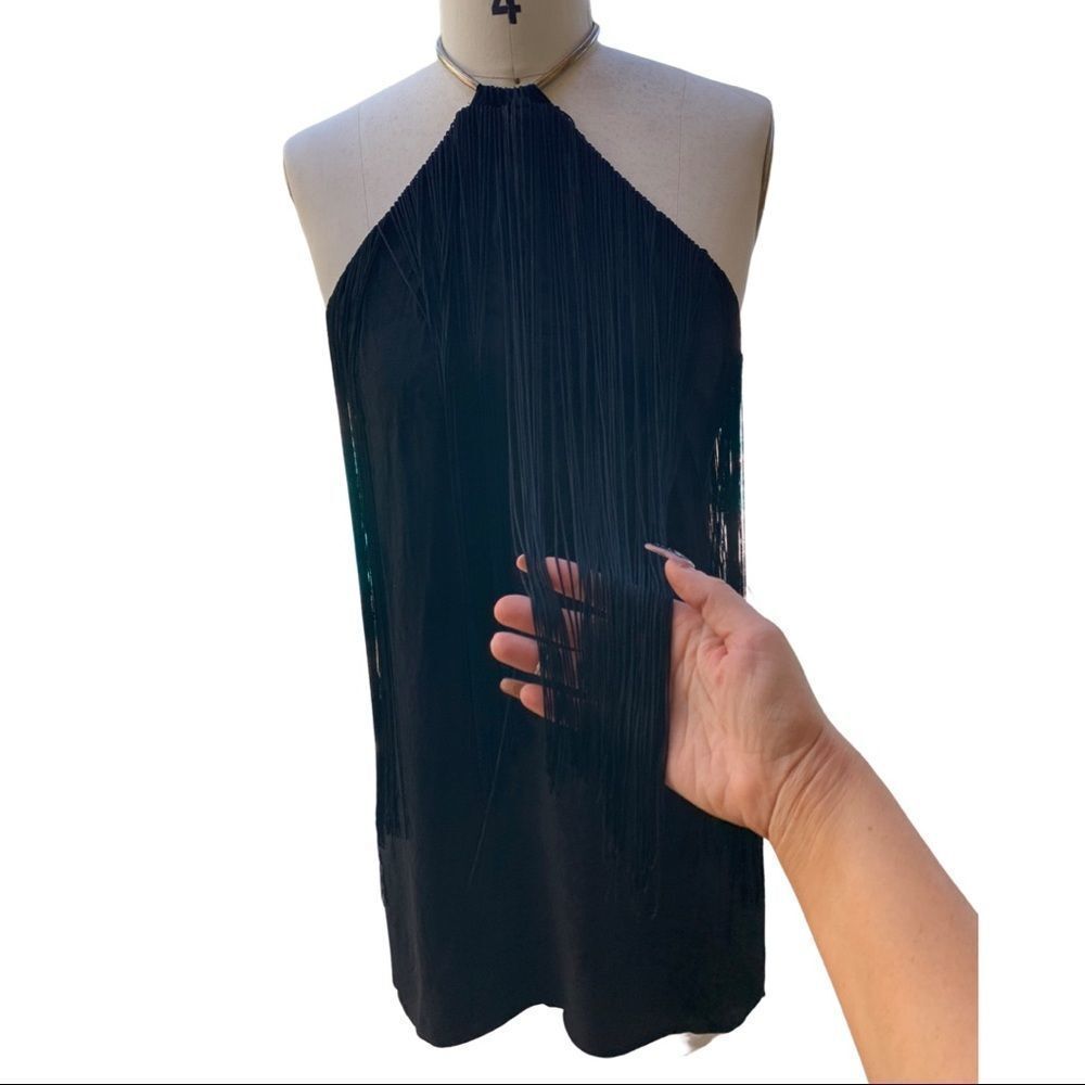 A3 Olivaceous Black Halter Fringe Mini Dress